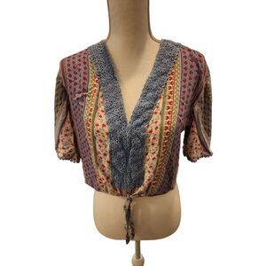 Gypsies Moondust Blue Red Green Floral Tie Crop Top S Boho Hippie